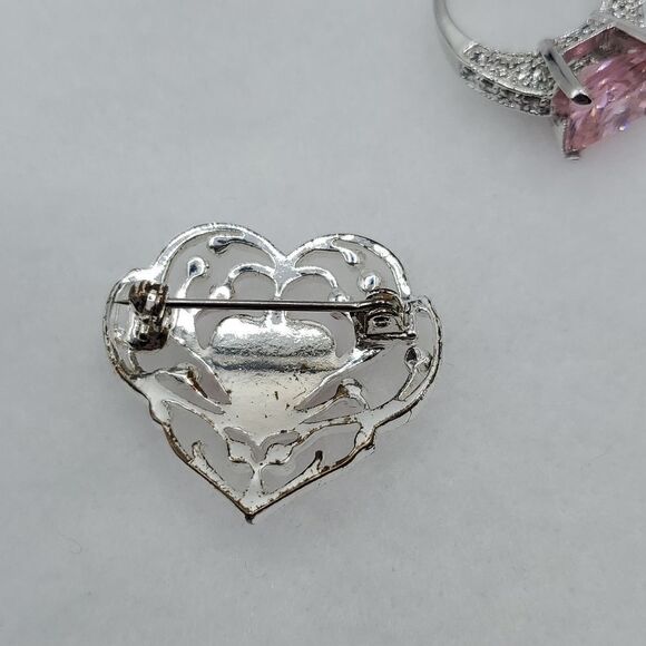 Vintage Sterling Silver Pink Sapphire CZ Princess Cut With Heart Pendant Sz 6 - Picture 16 of 17